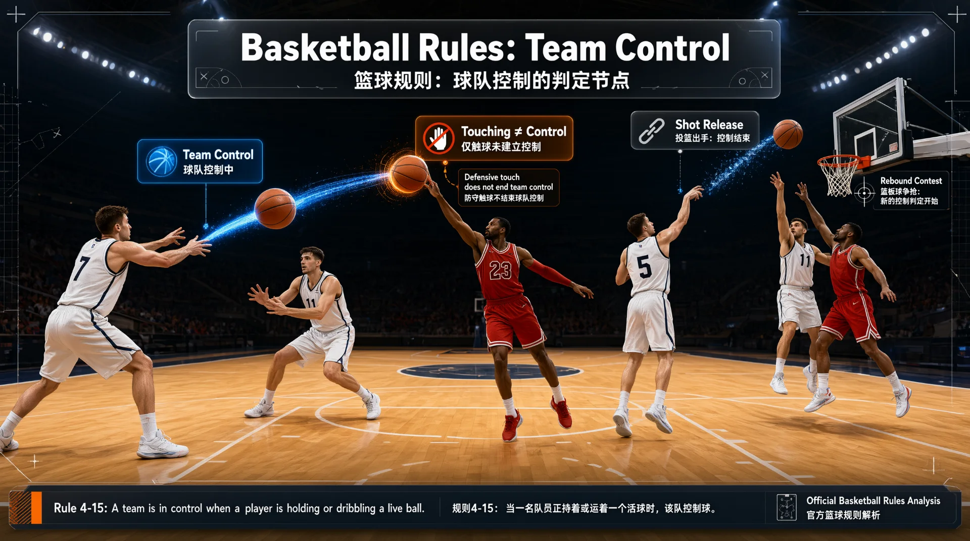 篮球场示意图：白衣球员传球，球沿蓝色高亮轨迹飞行；红衣球员跳起伸手触球但未持住；白衣球员投篮出手，球飞向篮筐；篮下两名球员跳起争抢篮板，旁附球队控制等判定标签。