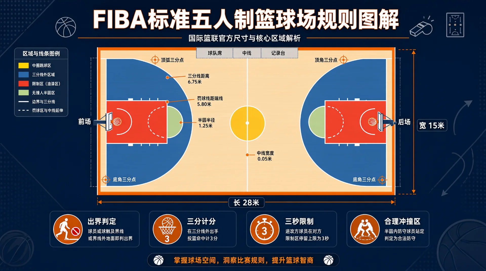 俯视标准五人制篮球场信息图，标注长28米、宽15米，以色块区分三分区、限制区、无撞人半圆与中圈，注有三分线6.75米等尺寸；底部四个图标说明出界、三分、三秒与合理冲撞区。