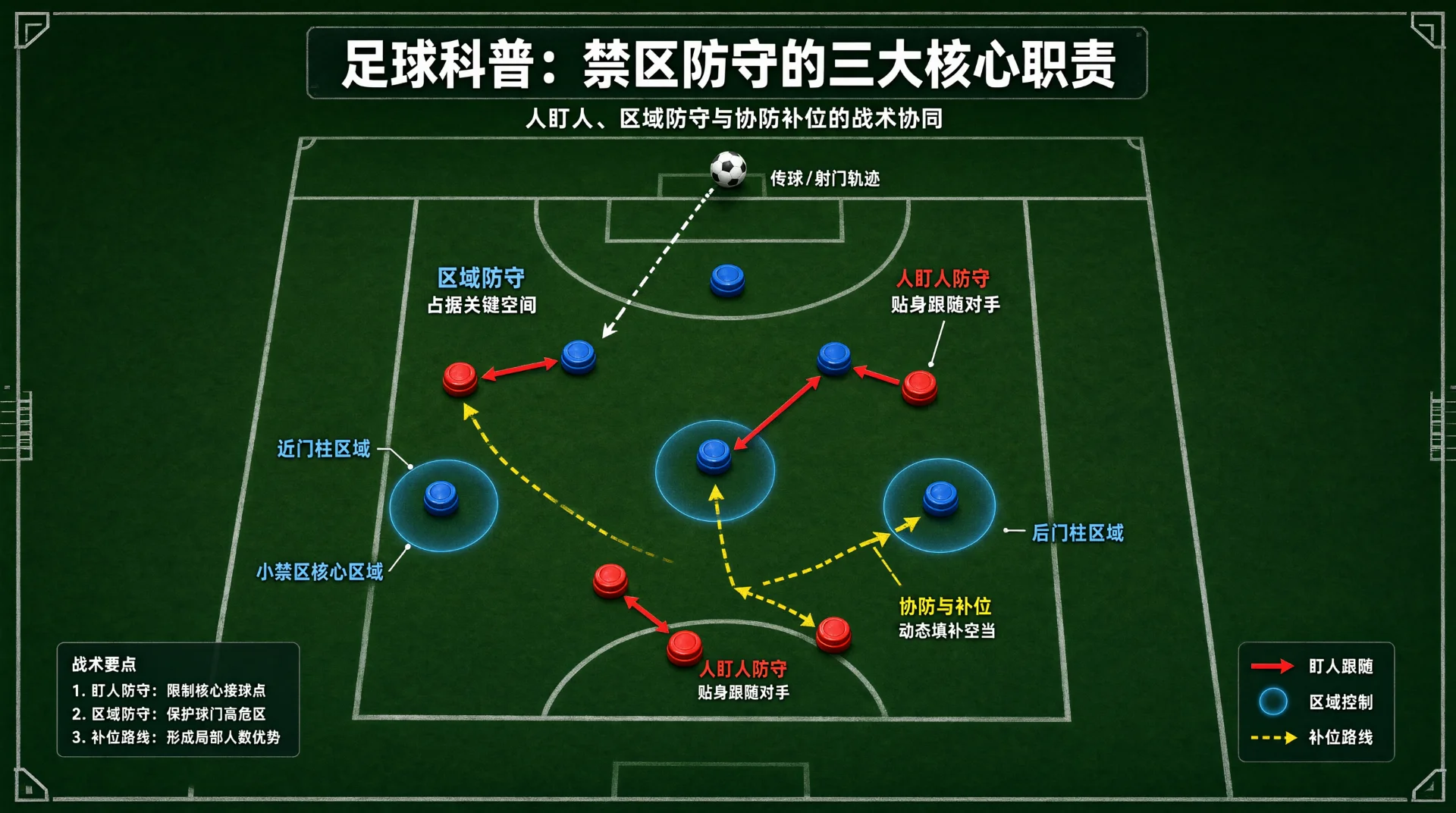 战术板风格足球场俯视图，禁区内红蓝棋子代表防守球员：红箭头表示盯人跟随，蓝圆圈标注区域防守，黄虚线为补位路线；足球沿白色虚线飞向禁区，附图例。